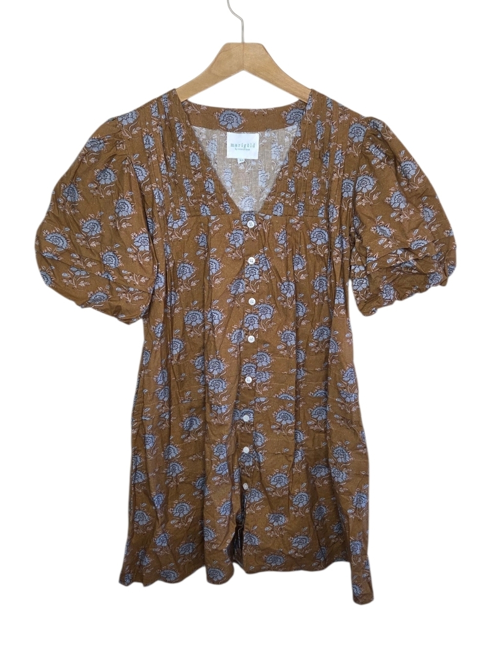 Marigold by Victoria Dunn Brown Puff Sleeve Floral Mini Shirt Dress Size XS